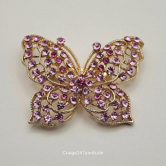 Betsey Johnson Butterfly Pin Brooch Gold Tone Purple Rhinestones - Picture 5 of 5